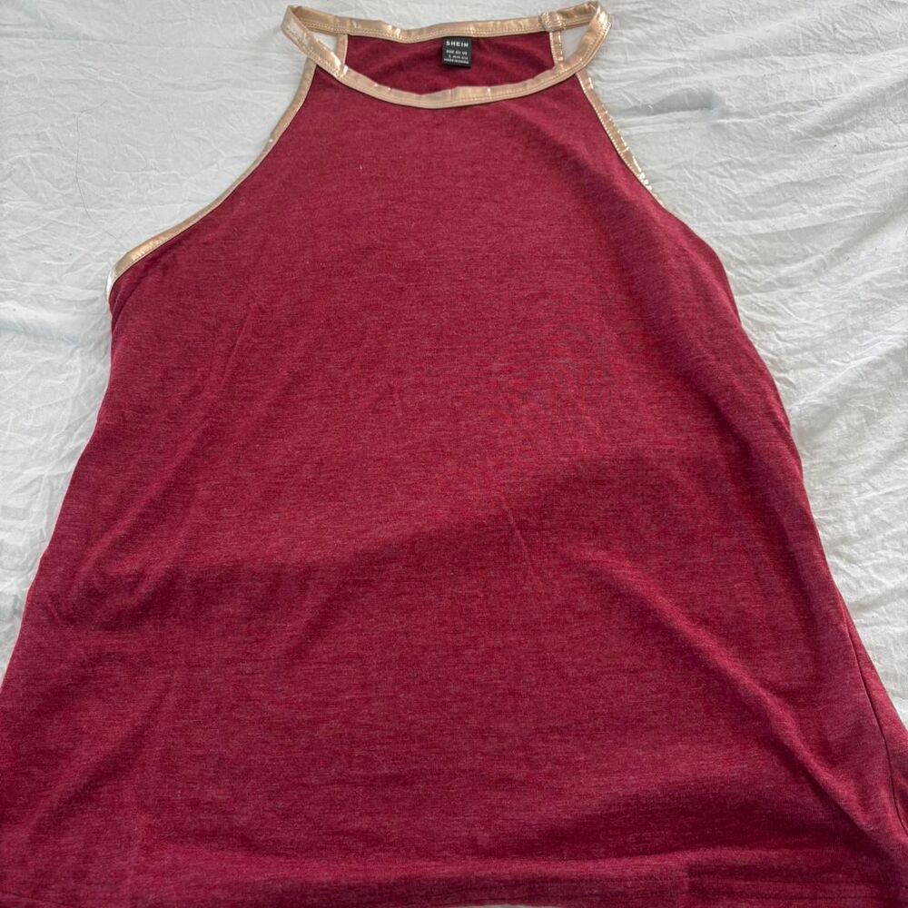 SHEIN Gold Women's Red Burgundy Small Work Everday Dressy Trim Blouse Tank Top